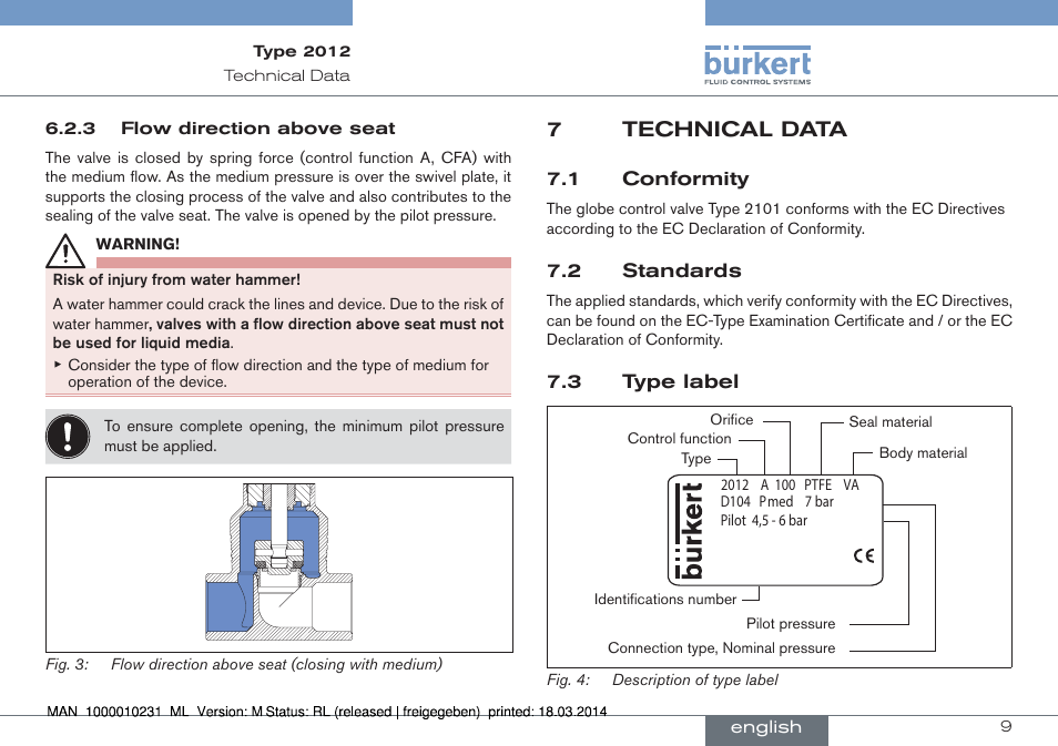 7 technical data, 1 conformity 7.2 standards 7.3 type label, 7technical data | Burkert Type 2012 User Manual | Page 9 / 58