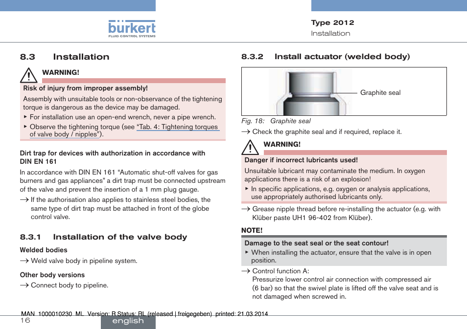 3 installation | Burkert Type 2012 User Manual | Page 16 / 70