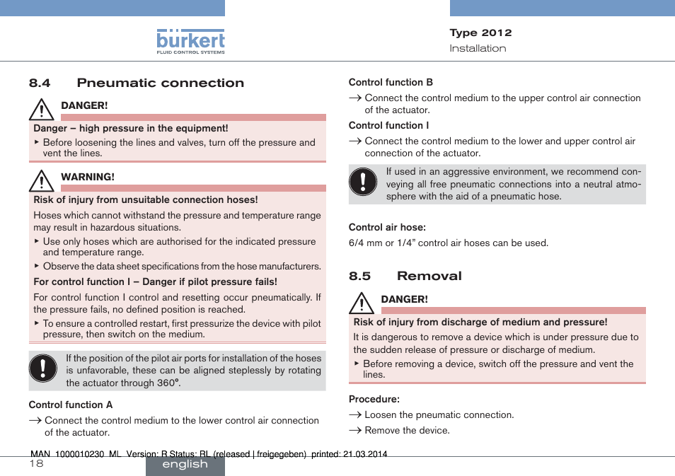 4 pneumatic connection 8.5 removal | Burkert Type 2012 User Manual | Page 18 / 70