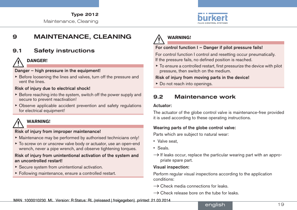9 maintenance, cleaning, 1 safety instructions 9.2 maintenance work, 9maintenance, cleaning | Burkert Type 2012 User Manual | Page 19 / 70