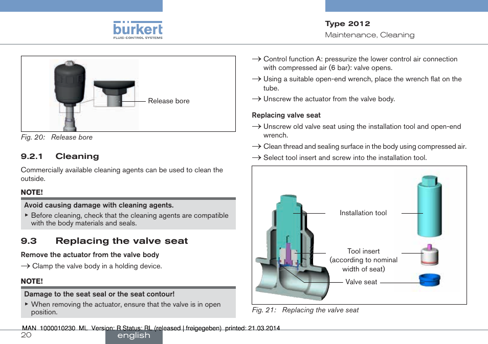 3 replacing the valve seat | Burkert Type 2012 User Manual | Page 20 / 70