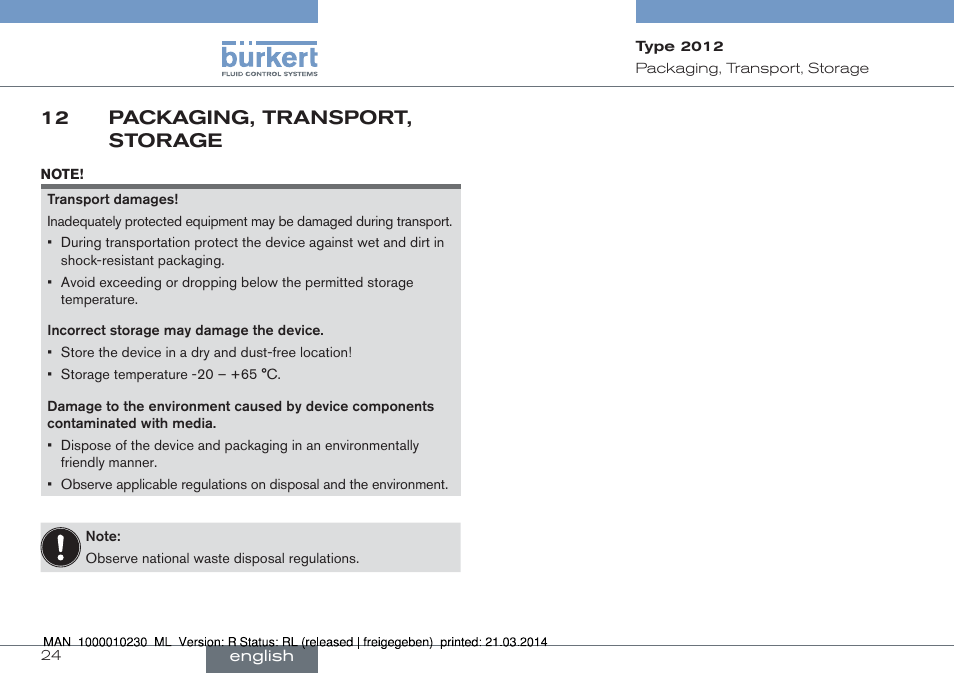 12 packaging, transport, storage | Burkert Type 2012 User Manual | Page 24 / 70