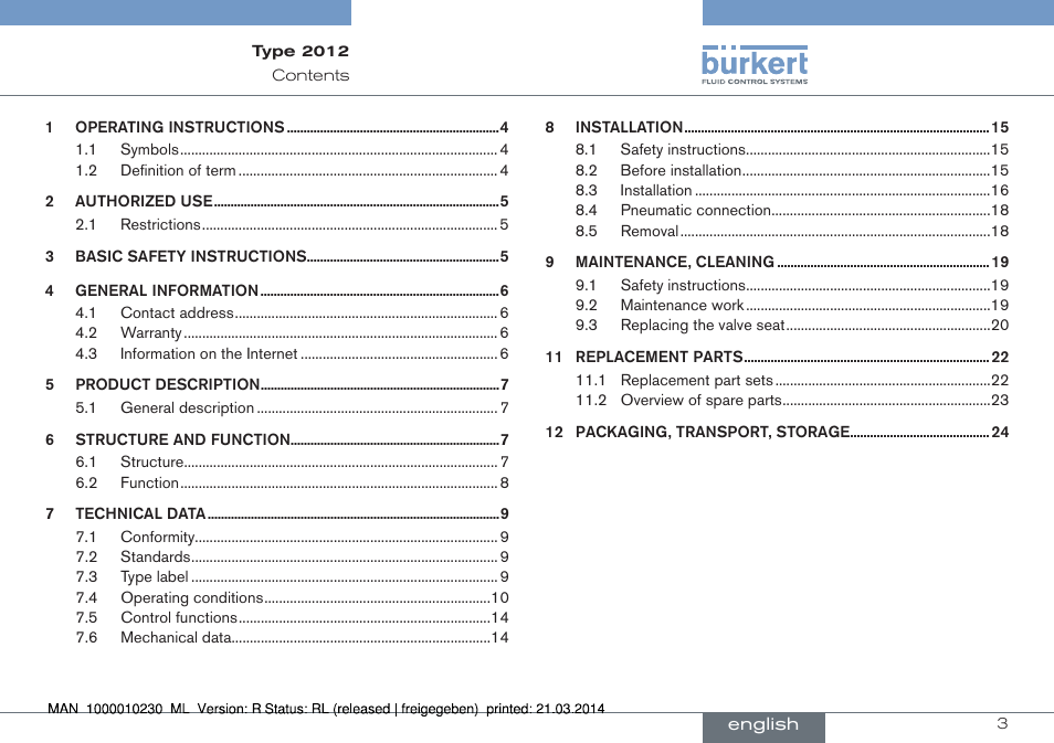 English | Burkert Type 2012 User Manual | Page 3 / 70