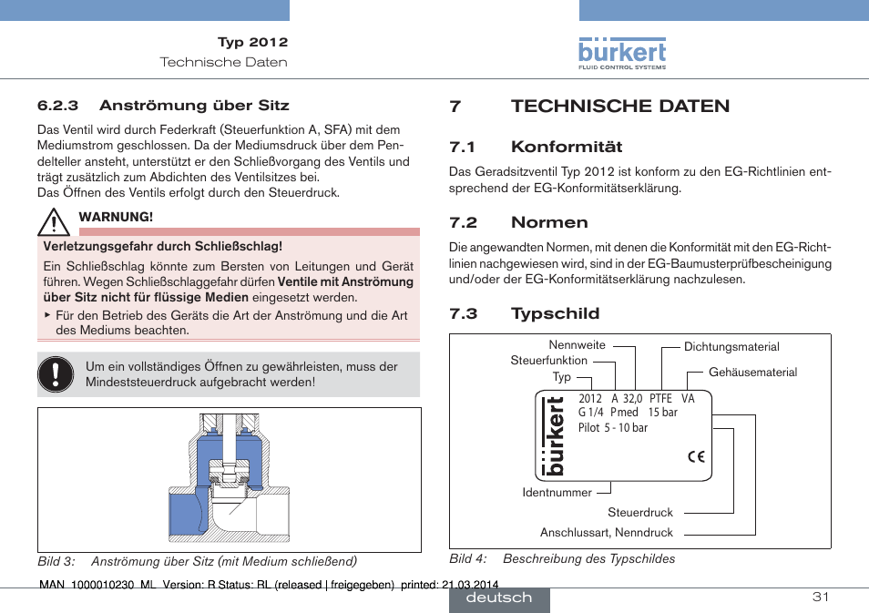 7 technische daten, 1 konformität 7.2 normen 7.3 typschild, 7technische daten | Burkert Type 2012 User Manual | Page 31 / 70
