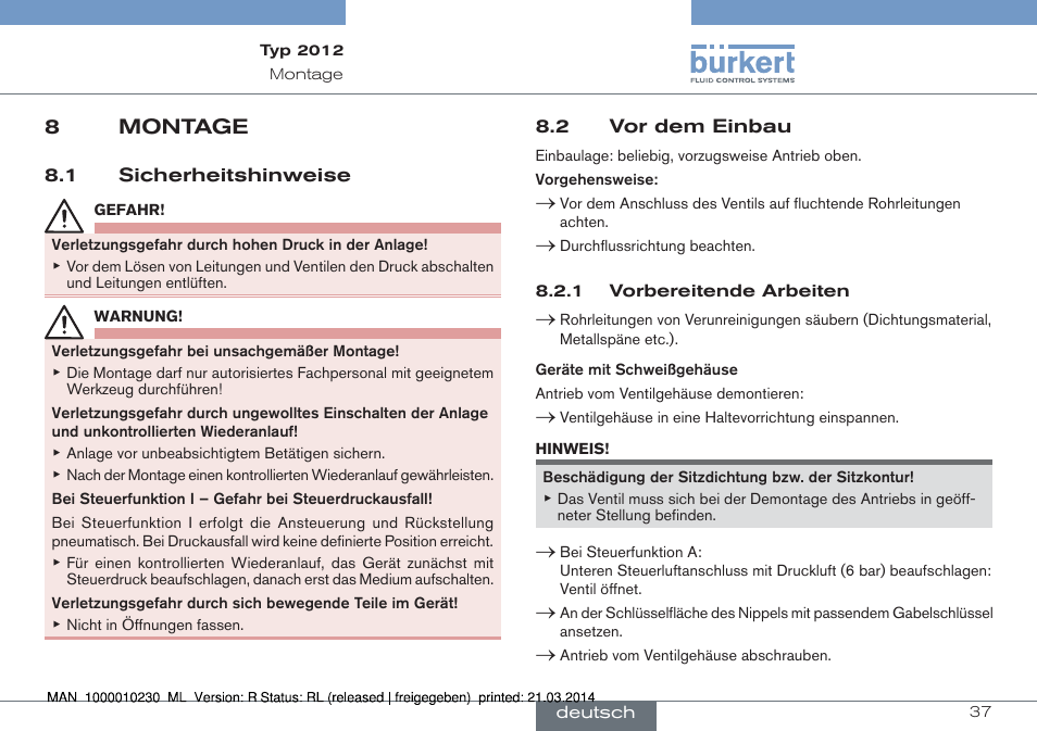 8 montage, 1 sicherheitshinweise 8.2 vor dem einbau | Burkert Type 2012 User Manual | Page 37 / 70