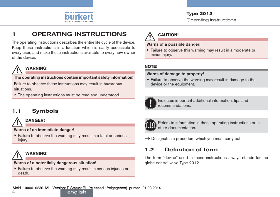 1 operating instructions, 1 symbols 1.2 definition of term, 1operating instructions | Burkert Type 2012 User Manual | Page 4 / 70
