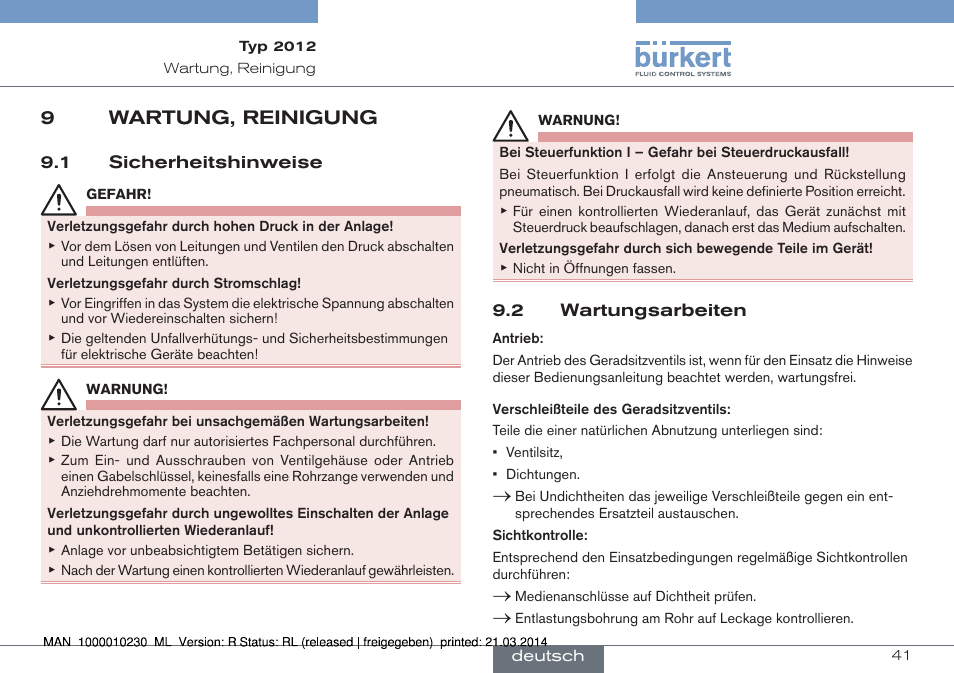 9 wartung, reinigung, 1 sicherheitshinweise 9.2 wartungsarbeiten, 9wartung, reinigung | Burkert Type 2012 User Manual | Page 41 / 70