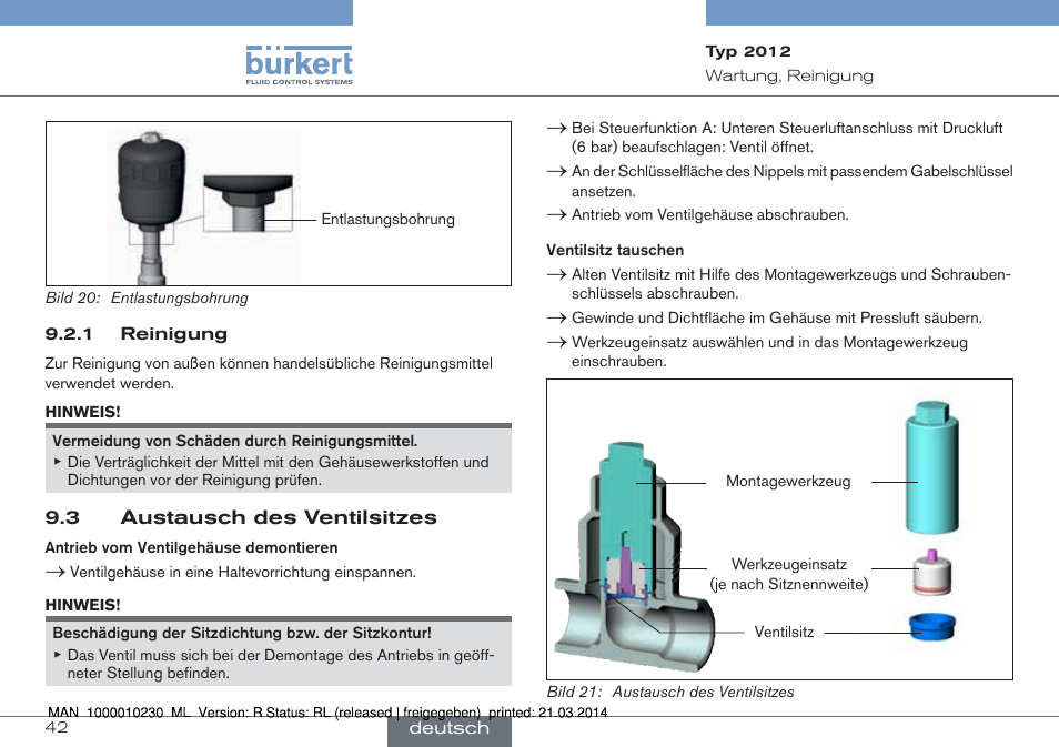 3 austausch des ventilsitzes | Burkert Type 2012 User Manual | Page 42 / 70