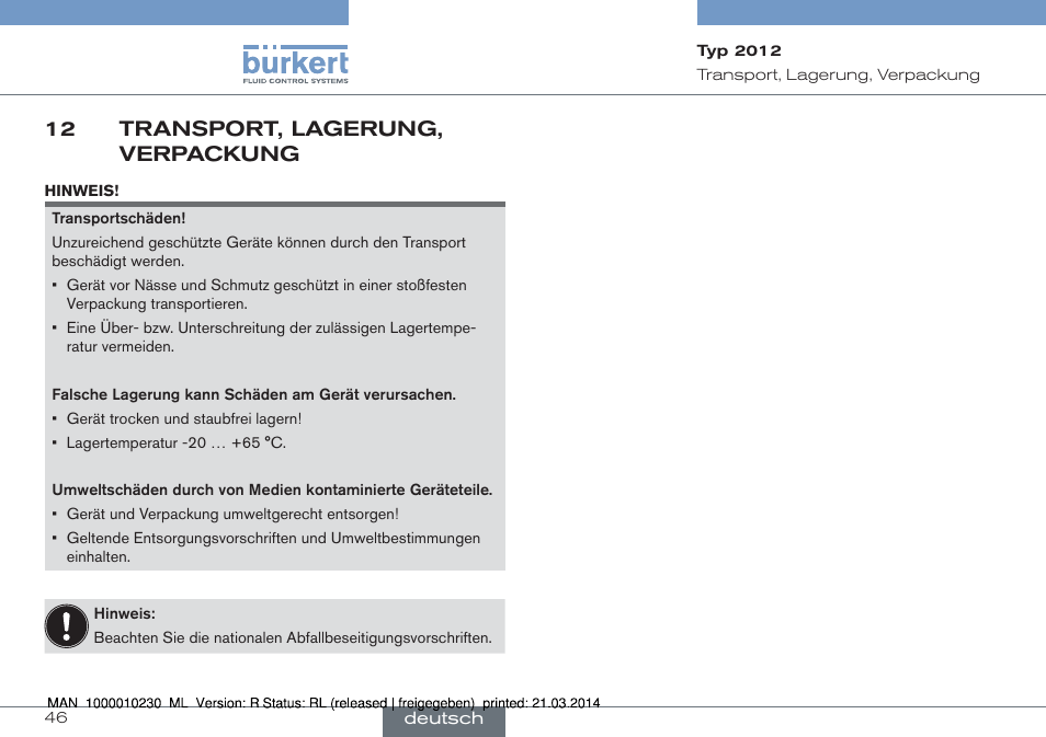 12 transport, lagerung, verpackung | Burkert Type 2012 User Manual | Page 46 / 70