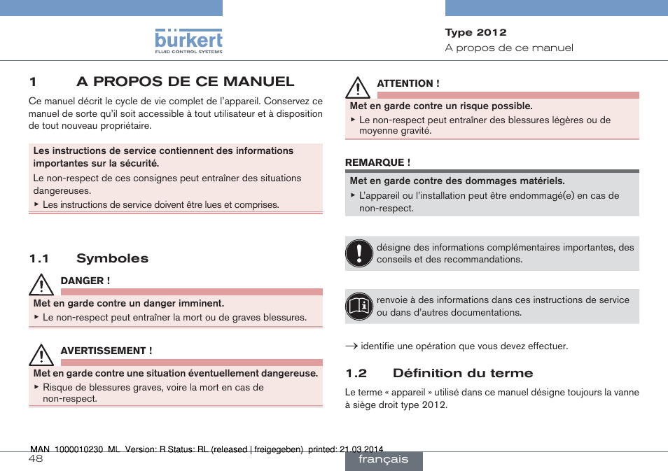 1 a propos de ce manuel, 1 symboles 1.2 définition du terme, 1a propos de ce manuel | Burkert Type 2012 User Manual | Page 48 / 70
