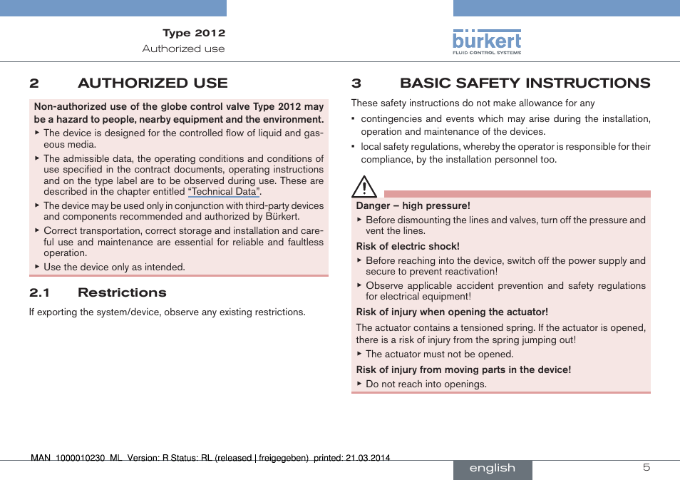 2 authorized use, 1 restrictions, 3 basic safety instructions | 2authorized use, 3basic safety instructions | Burkert Type 2012 User Manual | Page 5 / 70