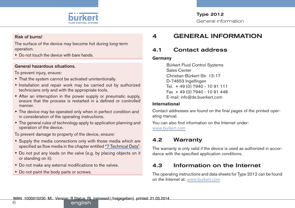4 general information, 4general information | Burkert Type 2012 User Manual | Page 6 / 70