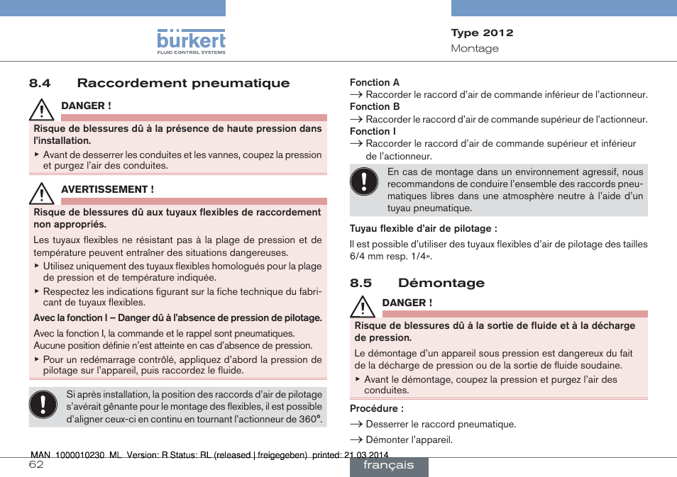 4 raccordement pneumatique 8.5 démontage | Burkert Type 2012 User Manual | Page 62 / 70