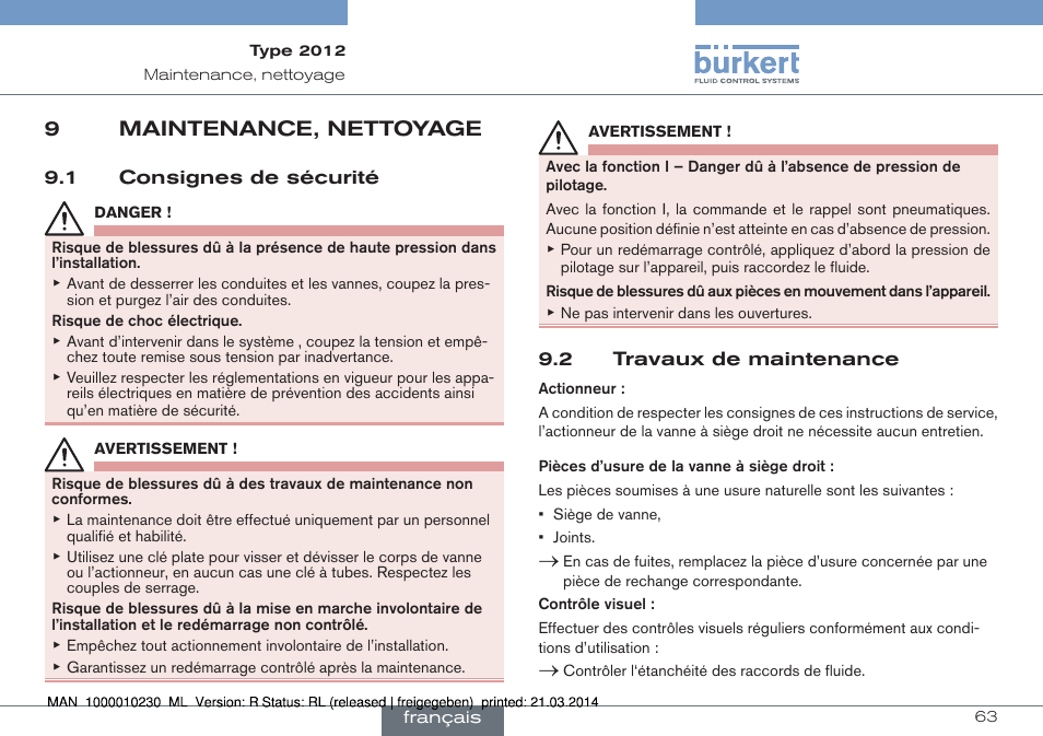 9 maintenance, nettoyage, 1 consignes de sécurité 9.2 travaux de maintenance, 9maintenance, nettoyage | Burkert Type 2012 User Manual | Page 63 / 70