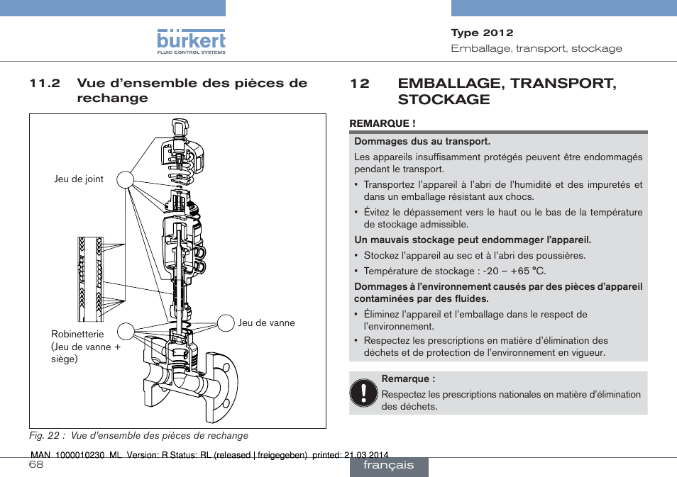 2 vue d’ensemble des pièces de rechange, 12 emballage, transport, stockage | Burkert Type 2012 User Manual | Page 68 / 70