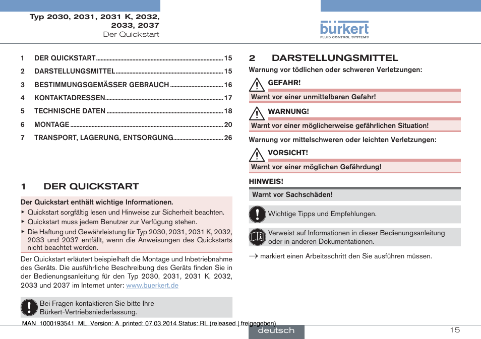 Deutsch | Burkert Type 2037 User Manual | Page 15 / 40