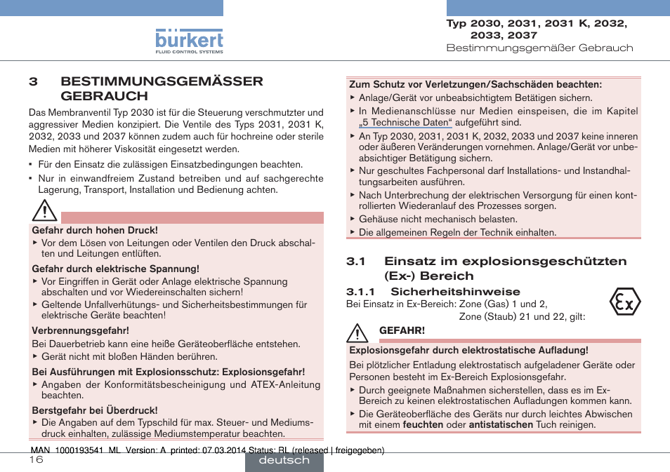 3 bestimmungsgemässer gebrauch | Burkert Type 2037 User Manual | Page 16 / 40