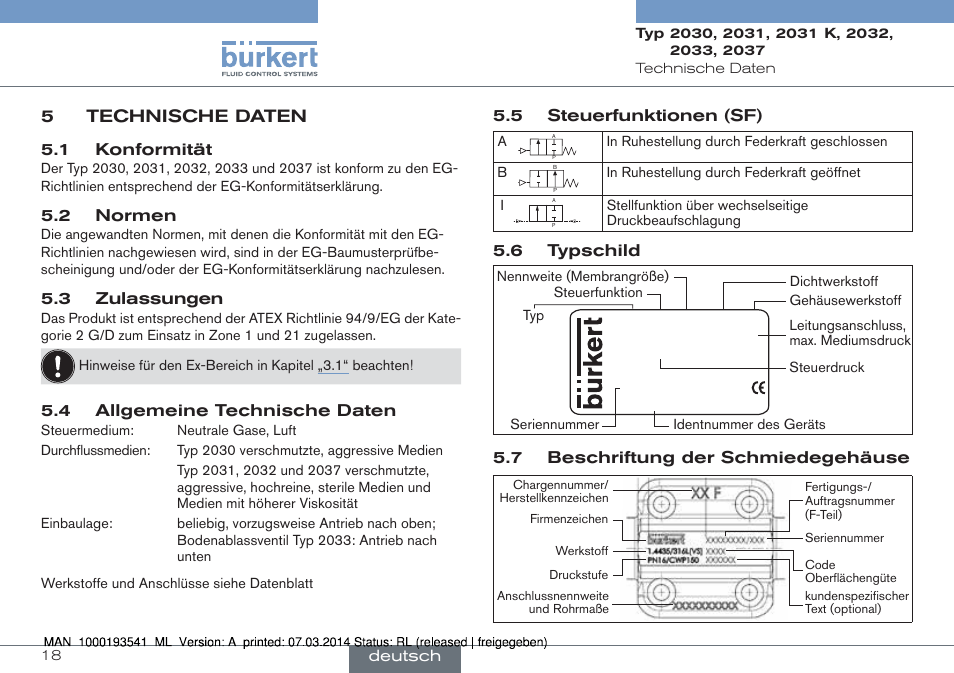 5 technische daten, 5technische daten | Burkert Type 2037 User Manual | Page 18 / 40