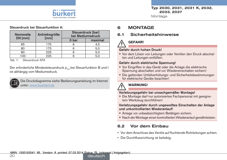 6 montage | Burkert Type 2037 User Manual | Page 20 / 40