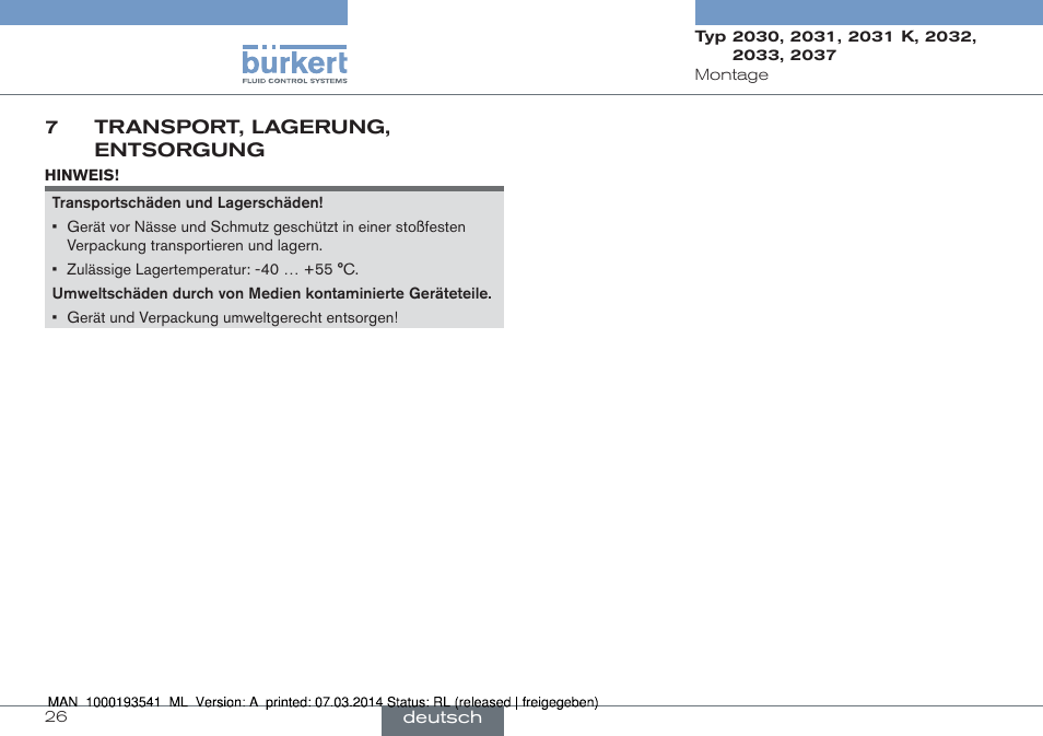 7 transport, lagerung, entsorgung | Burkert Type 2037 User Manual | Page 26 / 40