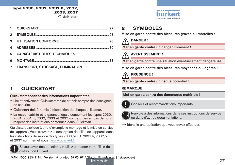 Français | Burkert Type 2037 User Manual | Page 27 / 40