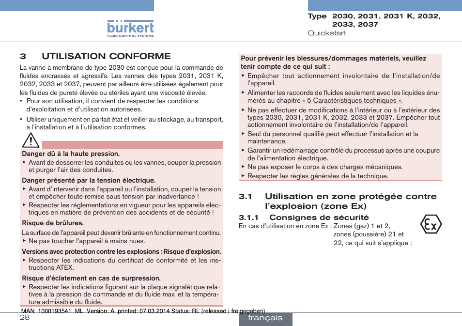 3 utilisation conforme | Burkert Type 2037 User Manual | Page 28 / 40