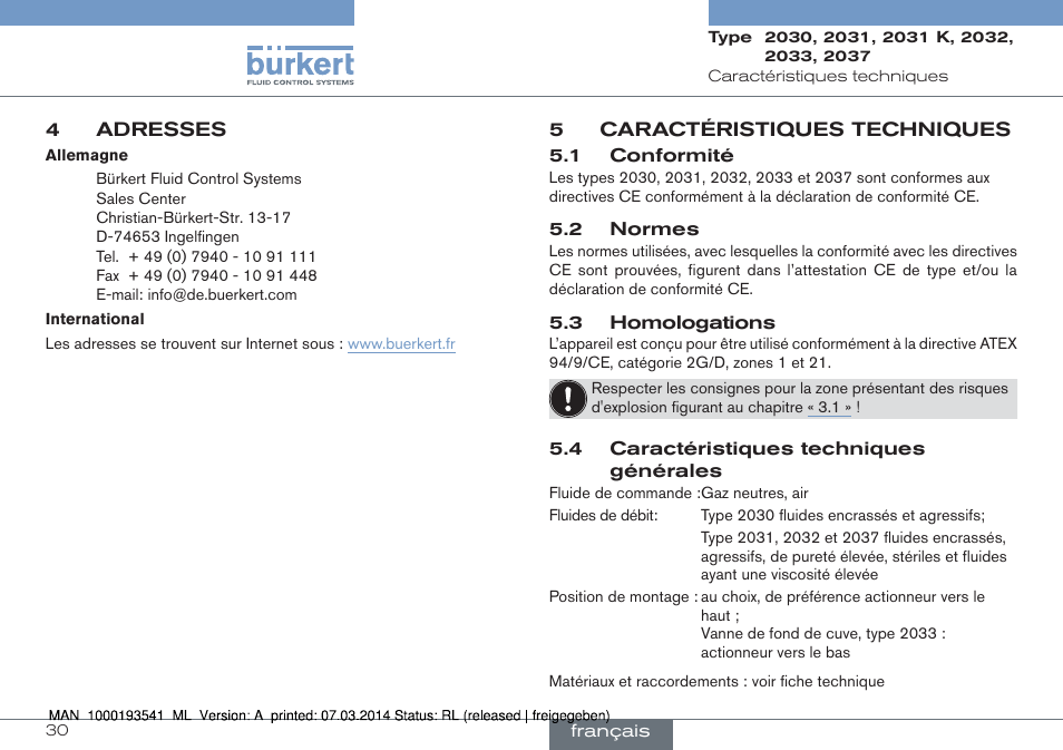 4 adresses, 5 caractéristiques techniques | Burkert Type 2037 User Manual | Page 30 / 40