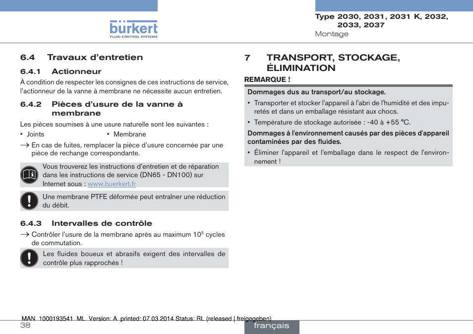 7 transport, stockage, élimination | Burkert Type 2037 User Manual | Page 38 / 40