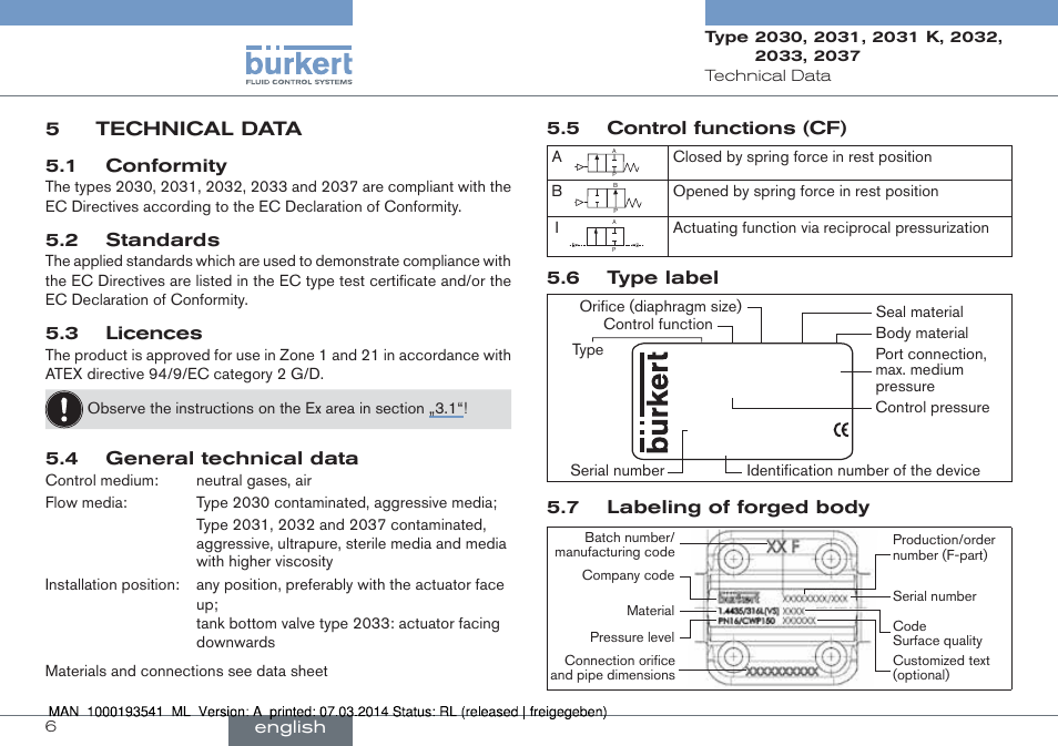 5 technical data, 5technical data | Burkert Type 2037 User Manual | Page 6 / 40