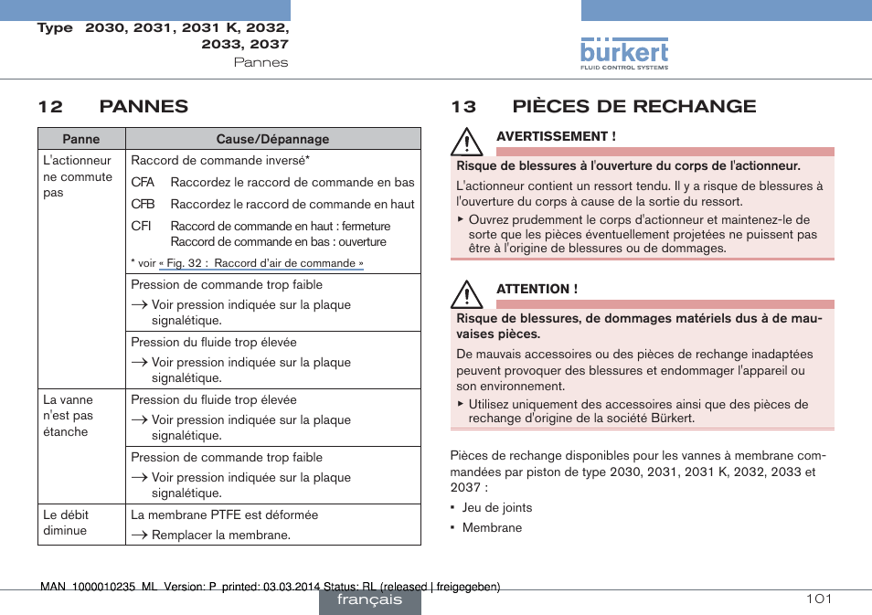 12 pannes, 13 pièces de rechange | Burkert Type 2037 User Manual | Page 101 / 106