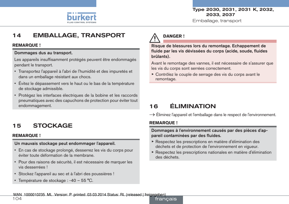 14 emballage, transport, 15 stockage, 16 élimination | Burkert Type 2037 User Manual | Page 104 / 106