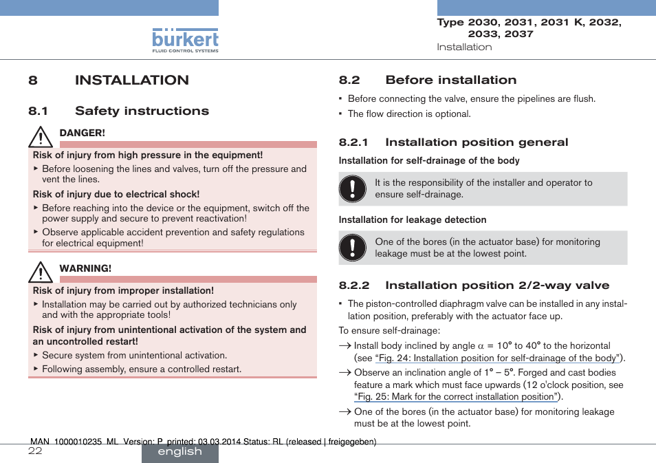 8 installation, 1 safety instructions 8.2 before installation, 8installation | Burkert Type 2037 User Manual | Page 22 / 106