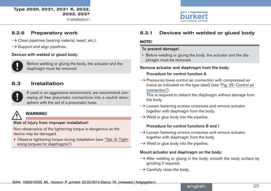 3 installation | Burkert Type 2037 User Manual | Page 25 / 106