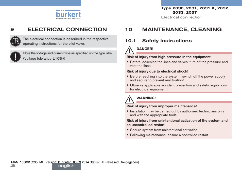 9 electrical connection, 10 maintenance, cleaning, 1 safety instructions | 9electrical connection | Burkert Type 2037 User Manual | Page 28 / 106