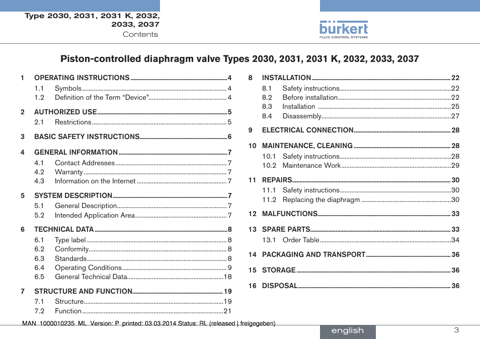 English | Burkert Type 2037 User Manual | Page 3 / 106