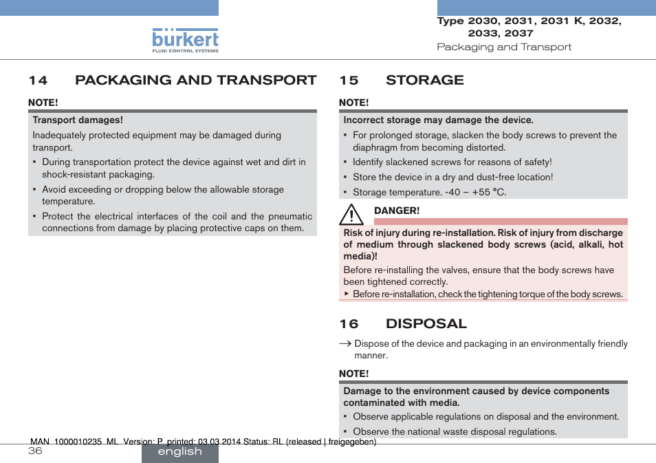 14 packaging and transport, 15 storage, 16 disposal | Burkert Type 2037 User Manual | Page 36 / 106