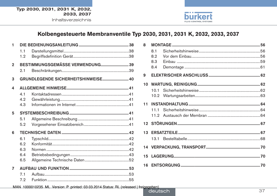 Deutsch | Burkert Type 2037 User Manual | Page 37 / 106