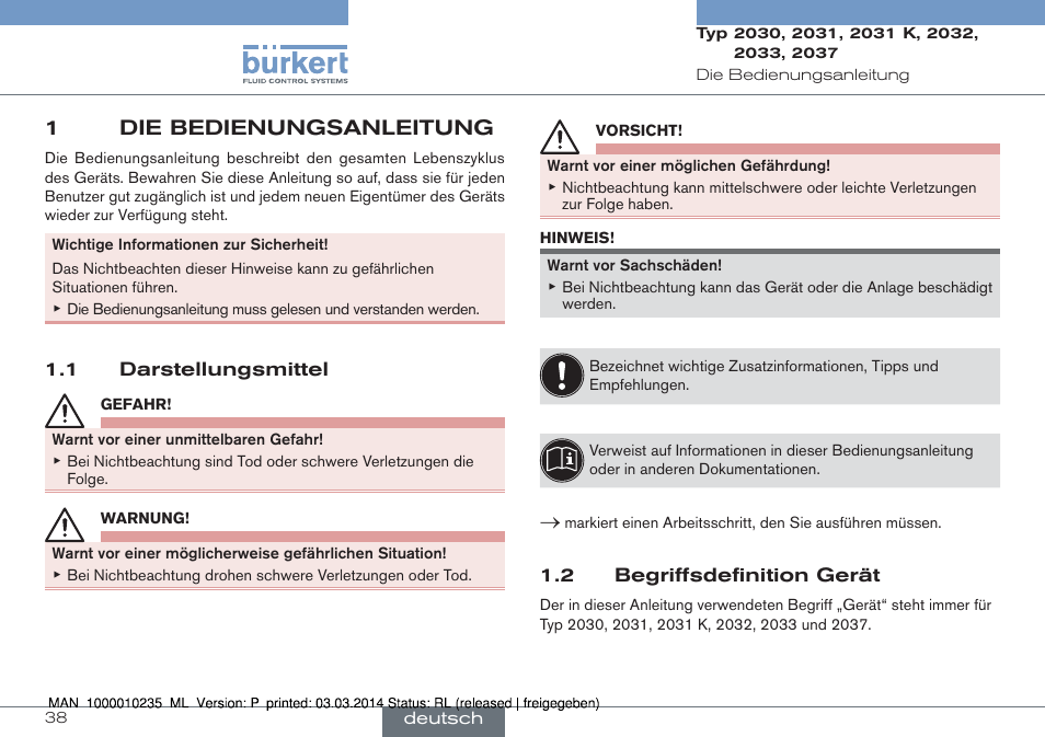 1 die bedienungsanleitung, 1 darstellungsmittel 1.2 begriffsdefinition gerät, 1die bedienungsanleitung | Burkert Type 2037 User Manual | Page 38 / 106
