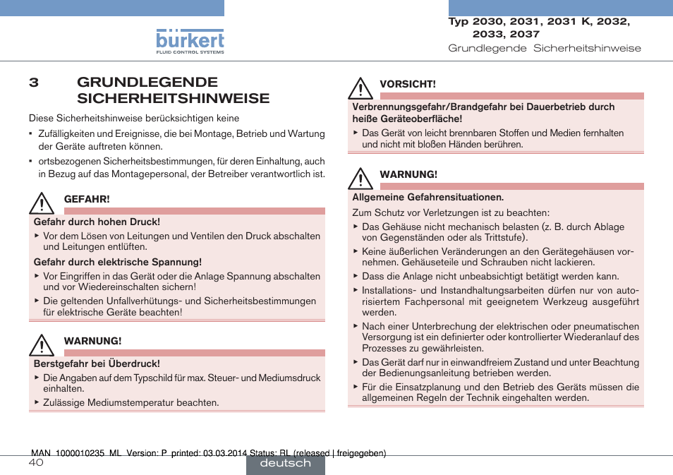 3 grundlegende sicherheitshinweise, 3grundlegende sicherheitshinweise | Burkert Type 2037 User Manual | Page 40 / 106