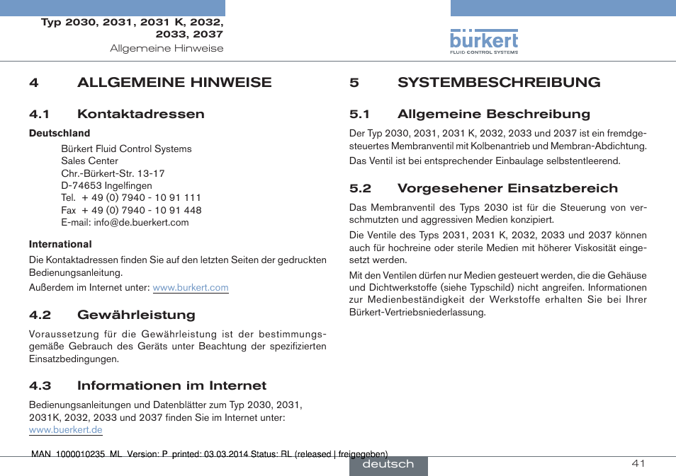 4 allgemeine hinweise, 5 systembeschreibung | Burkert Type 2037 User Manual | Page 41 / 106