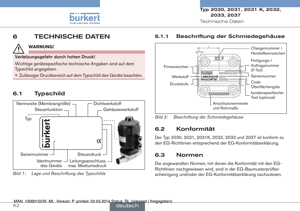6 technische daten, 1 typschild 6.2 konformität 6.3 normen, 6technische daten | Burkert Type 2037 User Manual | Page 42 / 106