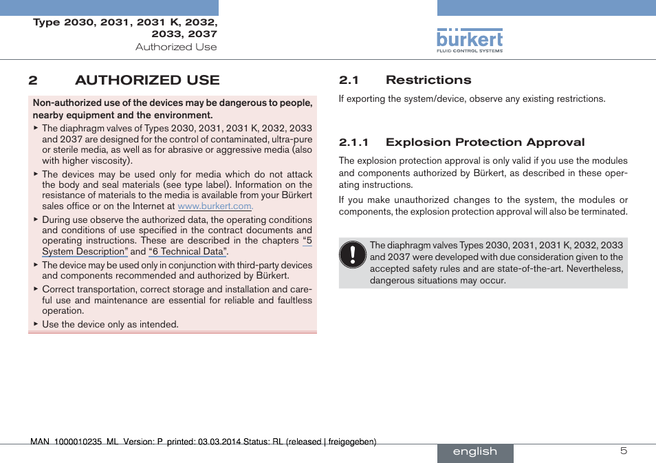 2 authorized use, 1 restrictions, 2authorized use | Burkert Type 2037 User Manual | Page 5 / 106