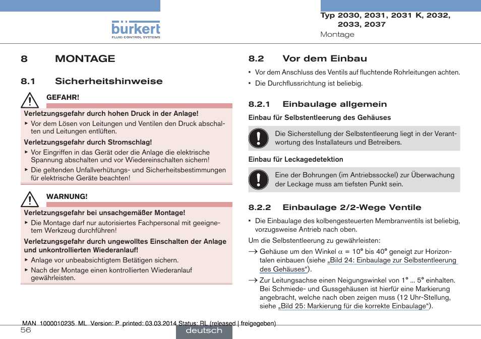 8 montage, 1 sicherheitshinweise 8.2 vor dem einbau, 8montage | Burkert Type 2037 User Manual | Page 56 / 106