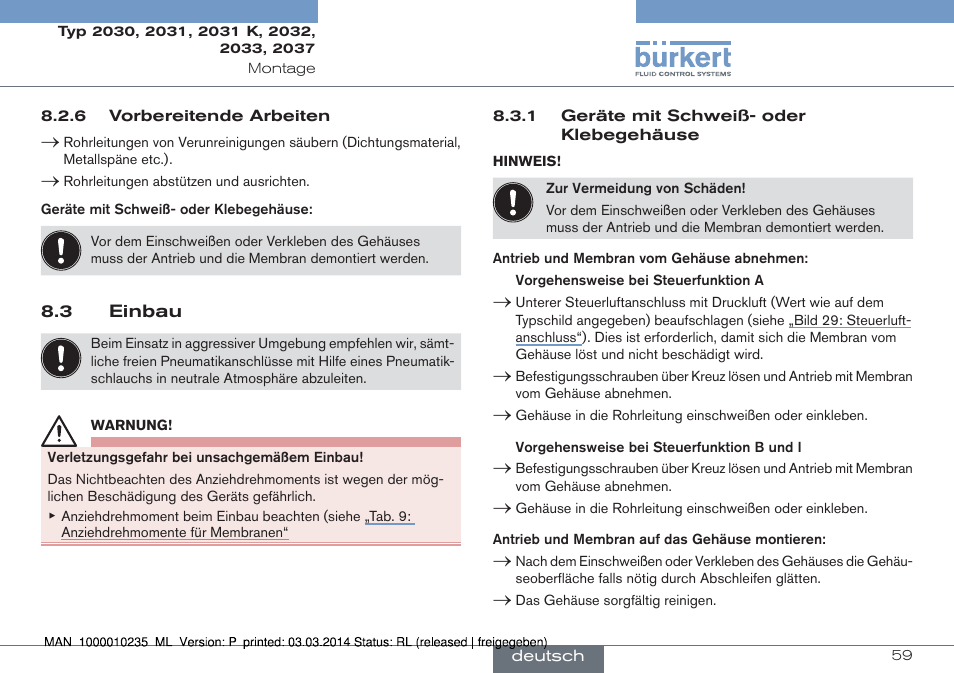 3 einbau | Burkert Type 2037 User Manual | Page 59 / 106