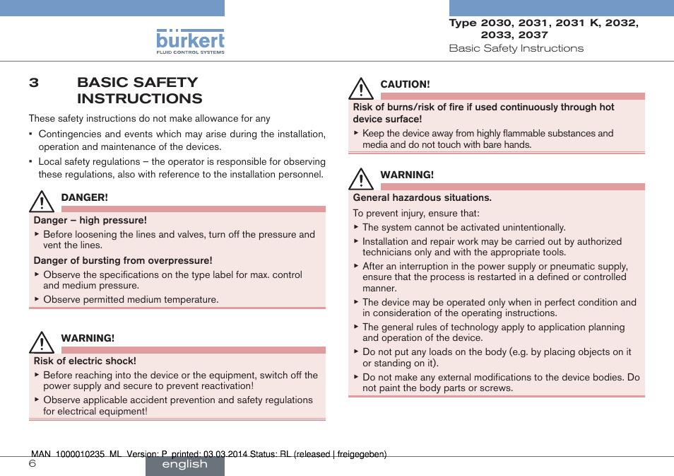 3 basic safety instructions, 3basic safety instructions | Burkert Type 2037 User Manual | Page 6 / 106