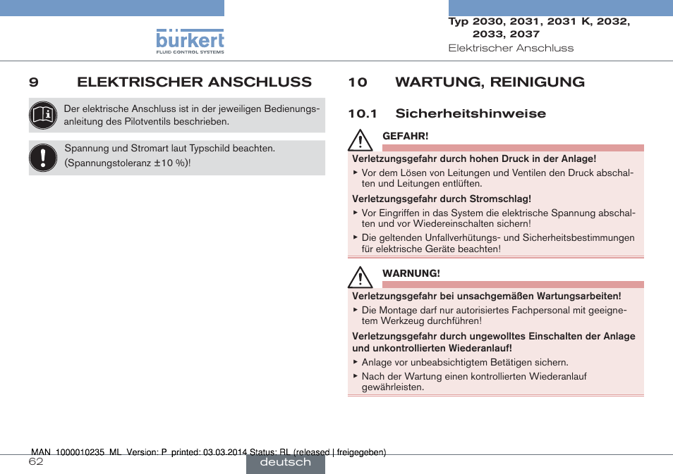 9 elektrischer anschluss, 10 wartung, reinigung, 1 sicherheitshinweise | 9elektrischer anschluss | Burkert Type 2037 User Manual | Page 62 / 106