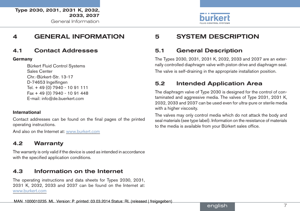 4 general information, 5 system description | Burkert Type 2037 User Manual | Page 7 / 106