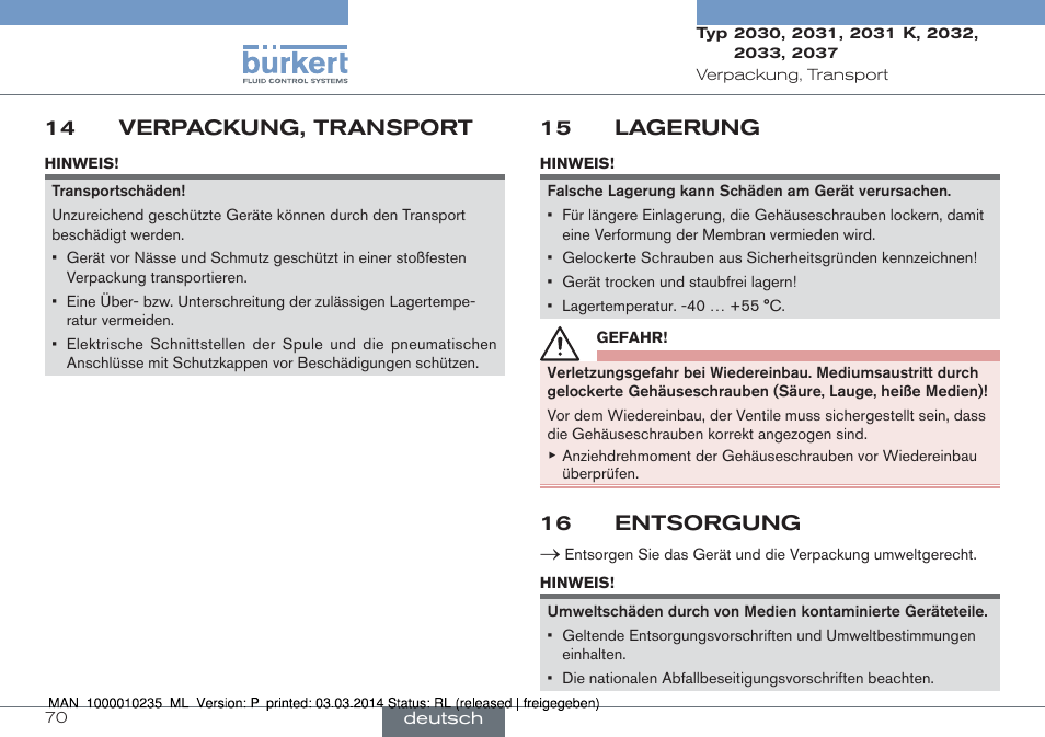 14 verpackung, transport, 15 lagerung, 16 entsorgung | Burkert Type 2037 User Manual | Page 70 / 106