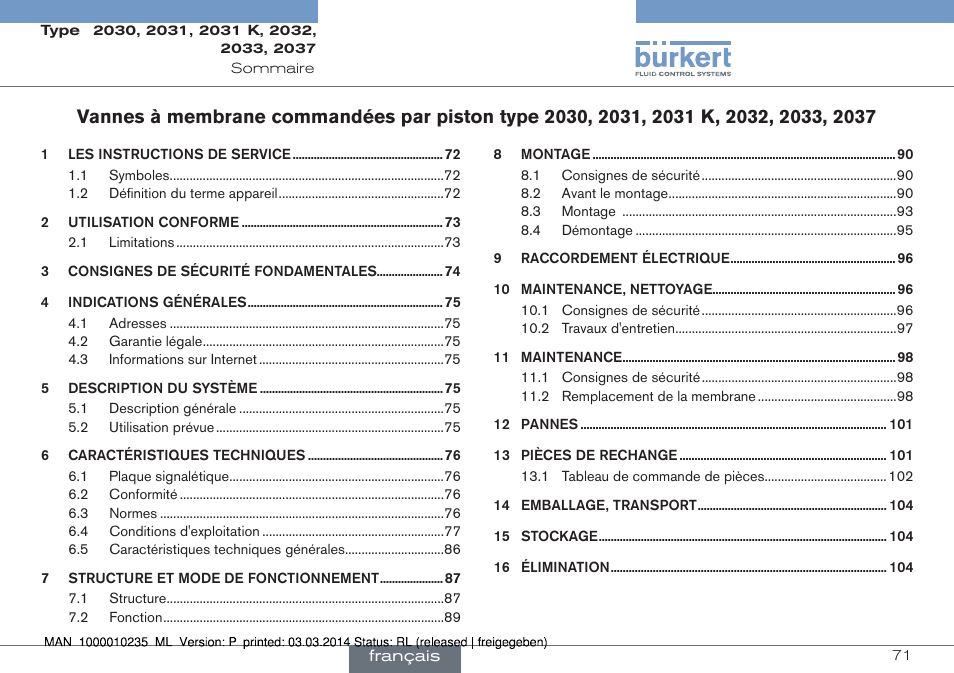 Français | Burkert Type 2037 User Manual | Page 71 / 106