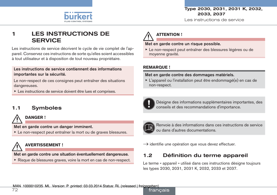 1 les instructions de service, 1 symboles 1.2 définition du terme appareil, 1les instructions de service | Burkert Type 2037 User Manual | Page 72 / 106